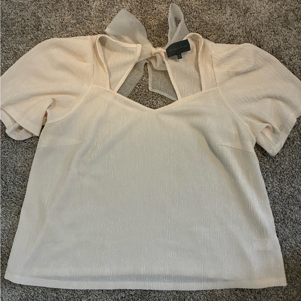 Anthropologie - Sunday in Brooklyn Cream Tie-Neck Short Sleeve Blouse